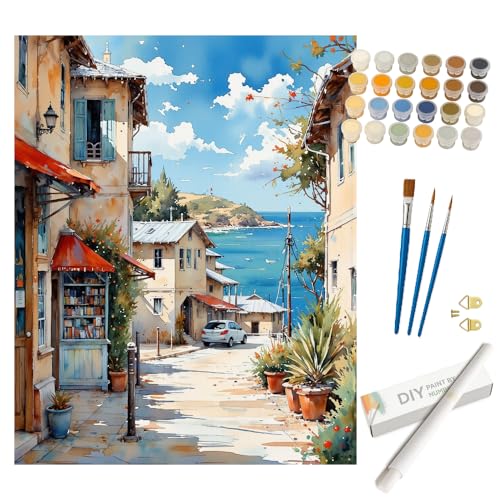 Coastal Town Paint by Numbers Kit for Adults - DIY Seaside Village Street Painting on Rolled Canvas 16x20 Inches, Acrylic Paint Set, Suitable for Beginners, Art for Home Decoration or Gifts - color: HSX00598, size: 16X20IN Rolled