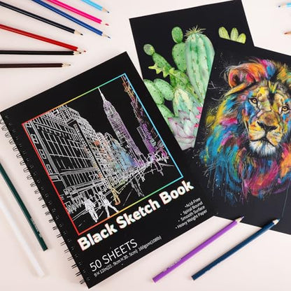Black Paper Sketchbook 2 Pack, 9 × 12 in, 100 Sheets, 160gsm Spiral Bound | Acid-Free 108 Lb Black Paper, Left Spiral Tear-Out Pages, Hardcover for Drawing, Chalk, Gel Pens And Mixed Media - size: 9×12 Inch (2 Pack )