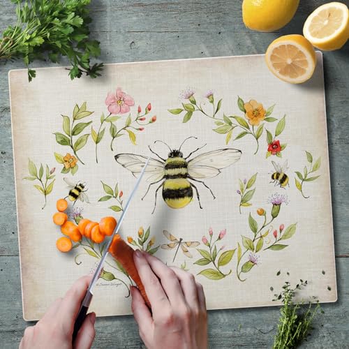 CounterArt Bee Wreath 3mm Tempered Glass Cutting Board 15” x 12” | Serving Board Charcuterie Board - color: Bee Wreath