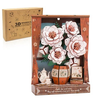 3D Puzzles for Adults Pink Roses Wooden Bloom Craft with LED Light - color: Pink Roses