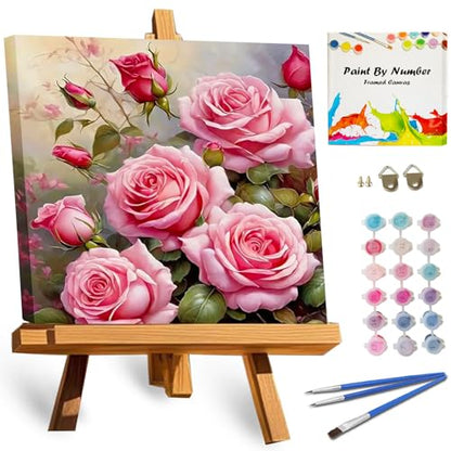 TOCARE Framed Paint by Numbers Kit for Adults Beginners & Kids Ages 8-12,Pink Rose Paint by Number with Frame,Easy Flowers Paint by Numbers Framed Canvas (10x10 Inch, Without Easel) - color: TC-F-212