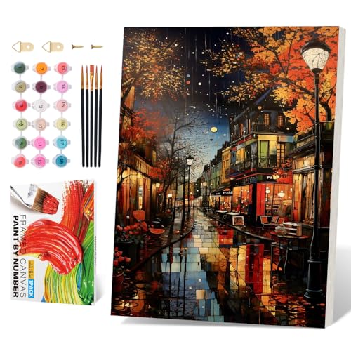 PRASIO Framed Paint by Numbers Kit for Adults Beginner, Landscape Adult Paint by Number Kits on Canvas Framed, DIY Acrylic Watercolor Oil Paint by Numbers with Frame for Gift Home Decor 16x20 Inch - color: XM-OP-F-ChampsElysees-4050