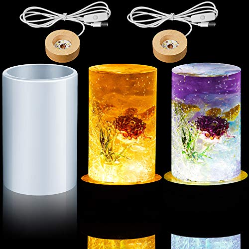Honoson 3 Pieces Light Resin Silicone Mold Set, Includes 1 Resin Mold and 2 USB Powered Wooden Lighted Base Stands for DIY Table Candle Desktop Lamp Ornaments(2 x 3.5 Inches,Column) - size: 2 x 3.5 Inches, style: Cylinder
