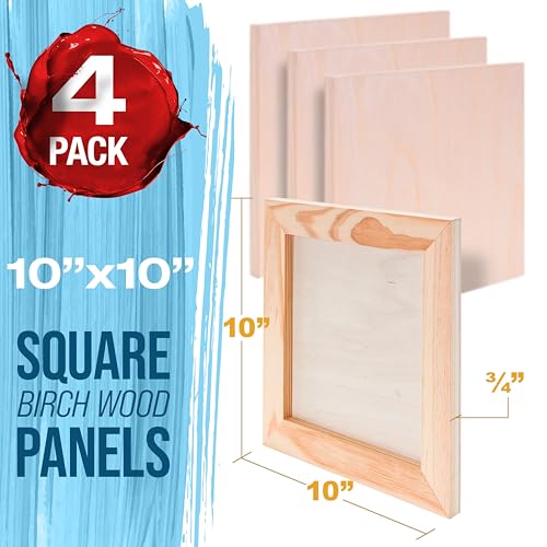 U.S. Art Supply 10" x 10" Unfinished Cradled Wood Panels for Painting, Studio 3/4" Deep (4 Pack) - Artist Depth Birch Wooden Wall Canvases - Mixed-Media Craft, Acrylic, Oil, Encaustic, Paint Pouring - size: 10" x 10", style: Square