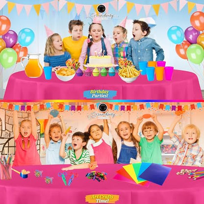 Grandipity Plastic Table Cloth Disposable 12 Pack 84" Round Hot Pink | Plastic table covers, durable disposable tablecloths, fade and tear-resistent table cover for party, event - color: Hot Pink, size: 84in. Round