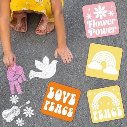 36pcs Groovy Hippie Drawing Stencils for Kids 8 Inch Sidewalk Chalk Stencils Painting Spring Gifts Large Washable Reusable Retro Boho Themed Primary Shape Template for Kids Toddlers Preschool - style: Groovy