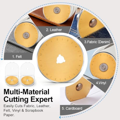 Wamlente 20 Pack 60mm Rotary Cutter Blades, Titanium Coated Steel,Gold | Fits Most Cutters for Quilting Sewing Crafts, Cuts Fabric Leather Vinyl Felt, Titanium Coating, Includes 2 Protective Cases - color: Gold