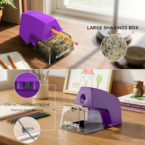 Electric Pencil Sharpener for 6 to 8 mm Pencils Helical Blade Fast 4 Second Sharpening Large Shavings Bin Non Slip Feet Safe Design for Classroom Office and Home Purple(S1131) - color: Purple