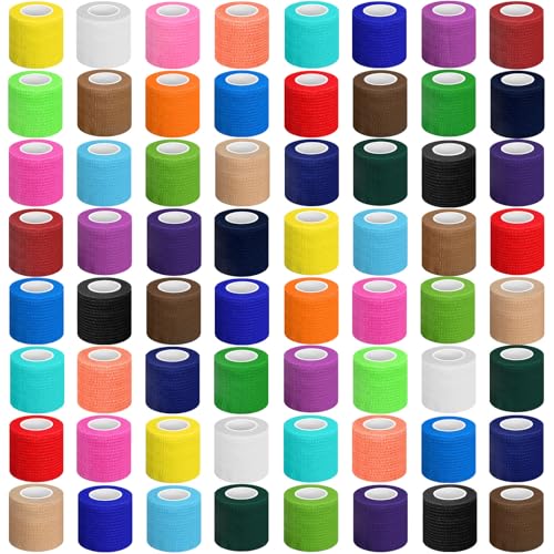 Treela 64 Pack Self Adhesive Bandage Wrap 2" X 5 Yards Assorted Color | Cohesive Flexible Wrap for Wrist Ankle Fingers, Breathable Sports Tape, Self Adherent Rolls for Pets Vet, Coban Style - color: Assorted Color, size: 2 Inch X 5 Yard