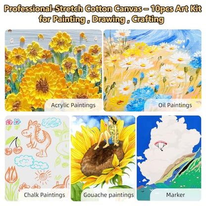 10-Pack 9x12 Stretched Canvas 100% Cotton Triple Primed for Acrylic & Oil | 100% cotton with natural husk, 5/8” Deep Frame, acid-free, no bleed, warp resistant, Ready to paint - size: 10PK - 9"x12"