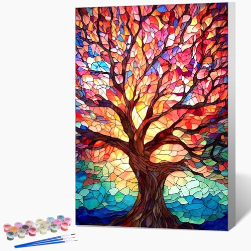 Fountor Framed Paint by Numbers Kit for Adults Beginner & Kids Ages 8-12, Tree of Life Paint by Number with Frame, Easy Acrylic Stained Glass Colorful Tree Painting by Numbers Kit on Canvas 8x12 inch - color: LKOPF002, size: 8x12 Inch