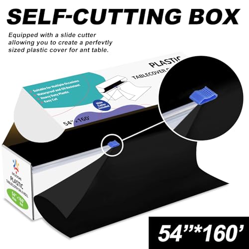 54IN X 160FT Plastic Table Cover Roll with Cutter Box, Cut to Size Plastic Table Cloths for Parties, Birthday, (Black, 54"x1920") - color: Black, size: 1920" x 54" (Rectangular)