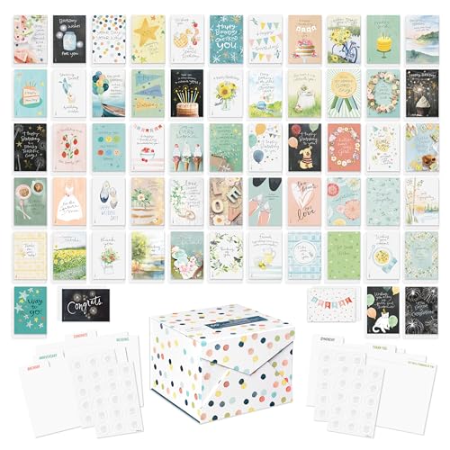American Greetings 65-Count All-Occasion Greeting Card Pack, Assorted Watercolor & Playful Illustration Designs designed by Kathy Davis Studios - color: All Occasion Greeting Card Assortment with Storage Box, size: A6