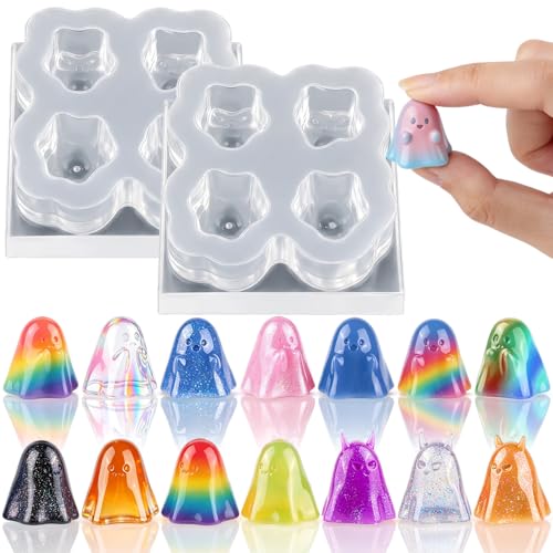 2 Pcs Mini Cute Ghost Figurines Silicone Mold | Micro Dollhouse Epoxy Casting Mold with Realistic Shapes for DIY Resin Art Fairy Garden Miniatures Landscape Crafts Decor(M) - color: 2 Pcs Ghost2 White