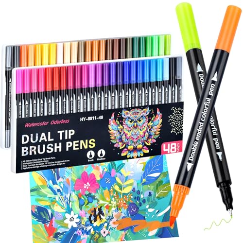 MIN CI 48 Colors Markers, Dual Tip with Fine Tip and Brush Tip Pens for Adult Coloring Book, Dual Brush Coloring Markers, Art Supplies Marker s Kit for Calligraphy, Drawing, DIY Crafts - color: 48 colors