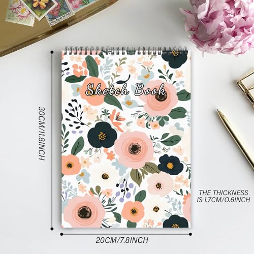 Deokke Sketchbook Top Spiral Bound Sketch Pad, 9 x 12 inch,100GSM Thick Paper,50 Sheets 100 Pages,Art Sketch Book Aesthetic Cute Drawing Writing Paper for Girls Women-Flower - color: A-22-Flower