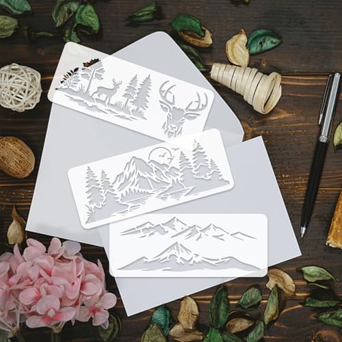 INFUNLY 15Pcs Forest Mountain Painting Stencil for Wall 4.7×11.8" Reusable Deer Wall Stencils Pine Tree Painting Template Small Walls Stencil Templates for Crafts Cement Wood Furniture Nursery Bedroom - style: 15PCS Forest Mountain