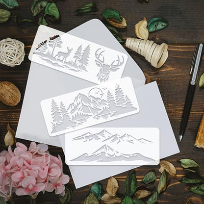 INFUNLY 15Pcs Forest Mountain Painting Stencil for Wall 4.7×11.8" Reusable Deer Wall Stencils Pine Tree Painting Template Small Walls Stencil Templates for Crafts Cement Wood Furniture Nursery Bedroom - style: 15PCS Forest Mountain