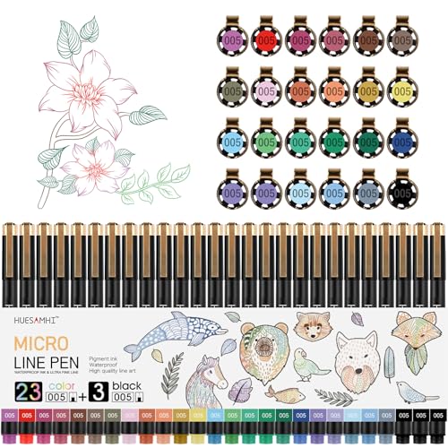 005 Micro Pen 23 Colors and 3 Black 0.20mm FineLiner Pens for Art Waterproof Ink Fine Tip Illustration Sketching, Anime Bullet Journal and Technical Drawing - color: 23pcs+3black
