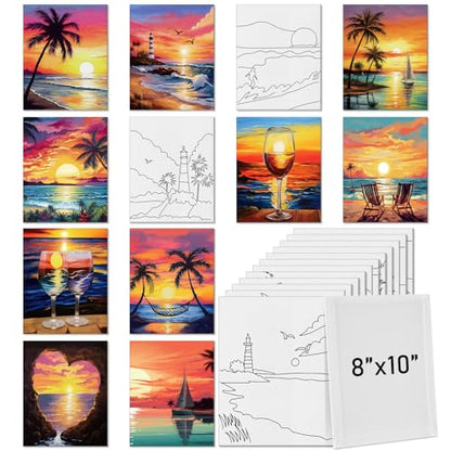 Tinlade 12 Pcs Pre Drawn Canvas for Painting Stretched,Sea Sunset - size: Sea Sunset