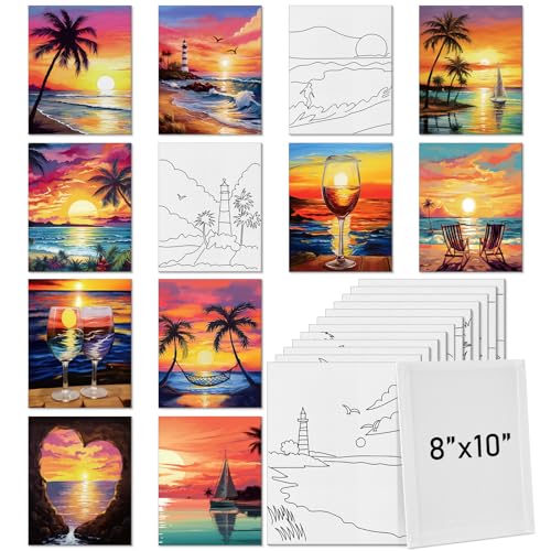 Tinlade 12 Pcs Pre Drawn Canvas for Painting Stretched,Sea Sunset - size: Sea Sunset
