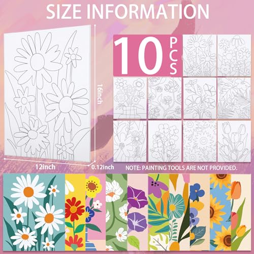 Nuberlic 12X16 Pre Drawn Canvas to Paint Floral 10 Pcs DIY Floral Pre Sketched Outlined Painting Kit to Ladies Party Art Supplies - size: 12x16, style: Floral Pattern