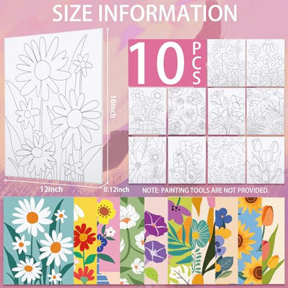 Nuberlic 12X16 Pre Drawn Canvas to Paint Floral 10 Pcs DIY Floral Pre Sketched Outlined Painting Kit to Ladies Party Art Supplies - size: 12x16, style: Floral Pattern