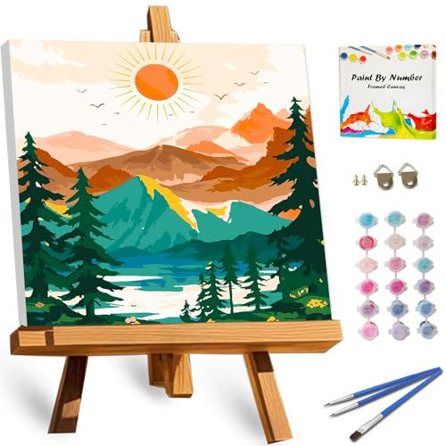 TOCARE Framed Paint by Numbers Kit for Adults Beginner, Sunset Mountains Paint by Number Framed,Easy Adult Paint by Number Kits on Canvas Framed (10x10 Inch, Without Easel) - color: TC-F-94