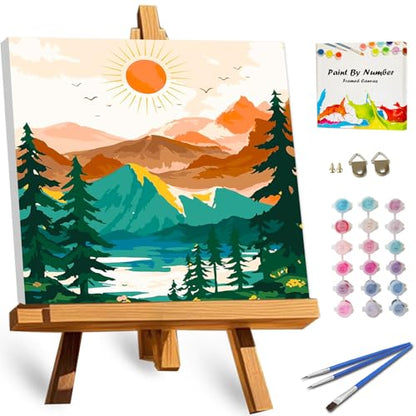 TOCARE Framed Paint by Numbers Kit for Adults Beginner, Sunset Mountains Paint by Number Framed,Easy Adult Paint by Number Kits on Canvas Framed (10x10 Inch, Without Easel) - color: TC-F-94