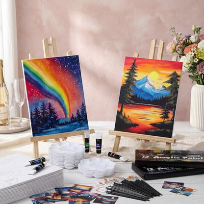 Cholemy 114 Pcs 16 Set Sip and Paint Kit for Adults 8'' x 10'' Pre Drawn Canvas Acrylic Painting Set Apron Brush Palette Date Night Party Supplies