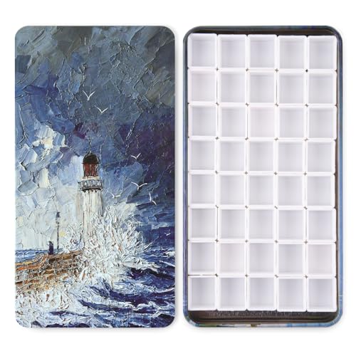 40 Empty Half Pans Watercolor Palette Tins Box with Magnetic Squares | 1.8ml Plastic Half Pan,Metal Paint Tray Palettes for Travel,Lightweight Portable,Watercolor Painting Mixing Tray.Lighthouse - color: Lighthouse, size: 40 Half Pans