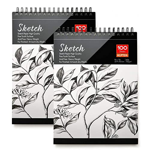 AGPtEK Sketch Book, Art Drawing Pad 9 X 12, 100 Sheets, 60lb/100g, 2 Pack - size: Top Spiral-Bound