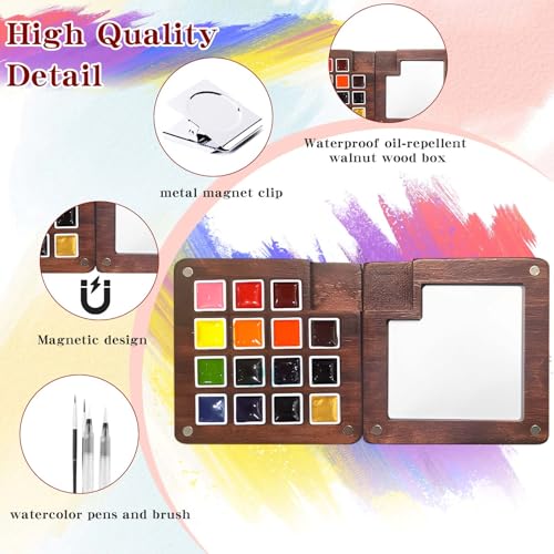 Mini Watercolor Paint Set - 15 Color Travel Watercolor Palette Set - Portable Water Color Paint Set with Binder Clips, Watercolor Brush Pens, Wooden Box for Beginners Painters Artists Student - color: Red 15 Colors without Sketchbook