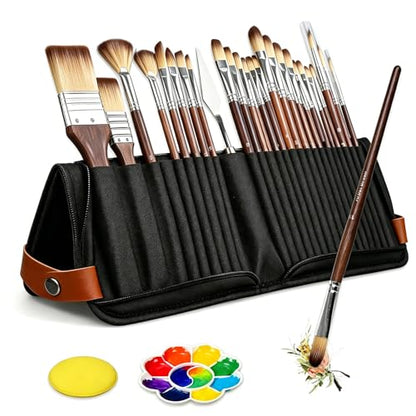 26pcs Paint Brush Set, Professional Paintbrush Set with Wide Flat, Filbert, Fan, Dagger, Cat Tongue, Round, Angle, Rigger for Acrylic, Oil, Canvas Paintings, Face Painting