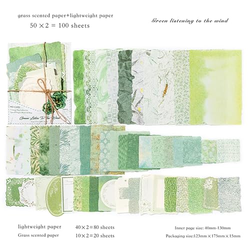 100 Sheets Vintage Scrapbook Papers Journaling Scrapbooking Supplies Kit junk journal supplies Decorative Craft Paper for Planner, Collage Paper Embellishment - color: Green