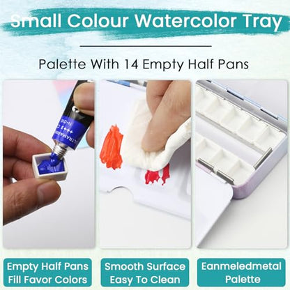 Watercolor Palette Empty with Paint Tray and 14PCS Watercolor Half Pans - Sturdy Empty Watercolor Palette Tin - Customizable Metal Watercolor Palettes - style: Illusionary Cloud