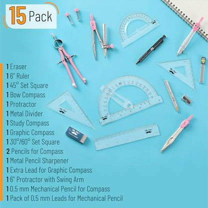Mr. Pen- Geometry Set, 15 pcs, Pink, 6 Inch Swing Arm Protractor, Divider - color: Pink