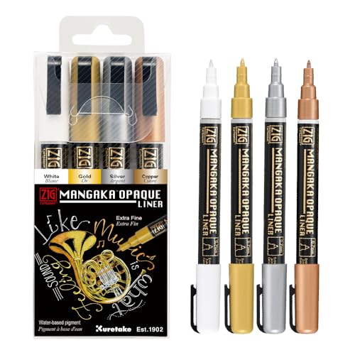 Kuretake Zig CARTOONIST MANGAKA OPAQUE LINER 4 colors set, Glitter Marker pens, Gold, Silver, Bronze, White, for paper, glass, plastic, ceramic and more, Made in Japan