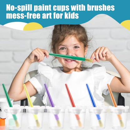 No Spill Paint Cups with Lids for Kids, 12 Paint Cups, 12 PaintBrushes | Reusable Paint Cups with Lids, No-Spill Proof, Airtight Dual-Seal, for Toddlers and Kids, Great for Classrooms, Schools, Arts