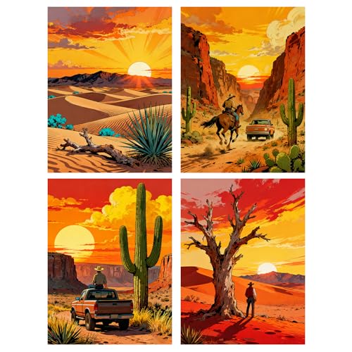 DOTSOPS 5D 4 Pcs Desert Diamond Painting Kits for Adults Diamond Art Kits | Crafts DIY Round Full Drill Painting,Gem Art for Beginner Home Wall Decor Gift 11.8 x 15.7 Inches - color: Desert