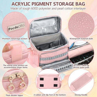 Acrylic Paint and Brush Set Organizer Bag - Carrying Case Compatible with Apple Barrel, Shuttle Art, Caliart Art Supplies - Includes Detachable Paint Brush Holder - for Home/Travel/Outdoor (Pro Pink) - color: Pro Pink