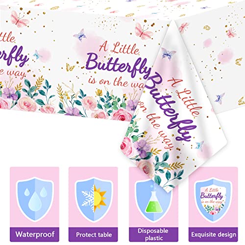 OBUSATT 3Pcs Butterfly Baby Shower Tablecloth Supplies - A Little Butterfly is On The Way Baby Girl Party Disposable Plastic Table Cover Pink Floral Princess Girl Party Decoration - style: Butterfly Baby Shower