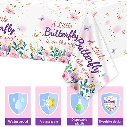 OBUSATT 3Pcs Butterfly Baby Shower Tablecloth Supplies - A Little Butterfly is On The Way Baby Girl Party Disposable Plastic Table Cover Pink Floral Princess Girl Party Decoration - style: Butterfly Baby Shower