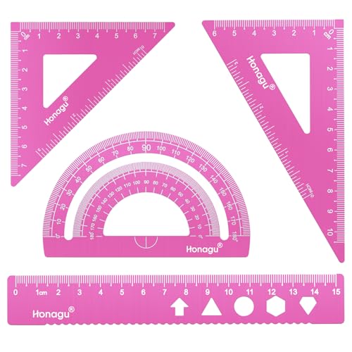 Honagu Triangular Ruler Set, 4 Pieces Aluminum Alloy Ruler, Metal Drafting Ruler, Geometric Protractor for Students, Draftsmen, Engineers, Home School Office Supplies (15cm/5.9inches, Pink) - color: Pink, size: 15cm