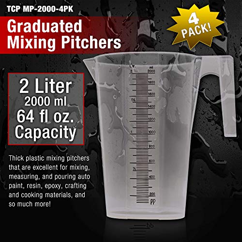 TCP Global 2 Liter (2000ml) Plastic Graduated Measuring and Mixing Pitcher (Pack of 4) - Holds Over 2 Quarts (64oz) - Pouring Cup, Measure & Mix Paint, Resin, Epoxy, Kitchen Cooking Baking Ingredients - size: 2000ml