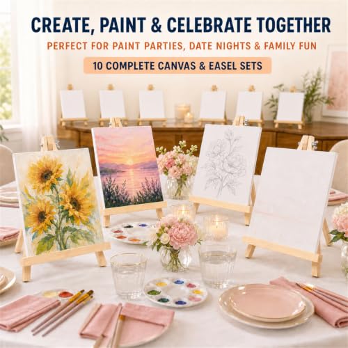 10-Set Canvas Boards with Easels, 8 x 10 Inch, Paint Party Kit | 10 blank canvas boards with 10 adjustable wooden tabletop easels for painting parties, classrooms, crafts and display - color: White, size: 8X10inch
