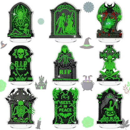 Kosiz 9 Pcs Halloween Diamond Painting Tabletop Decorations Tombstone Diamond Art Kits for Adults Double Sided Acrylic Tombstone Skull Centerpieces Sign for Table Beginner DIY Crafts Gifts Party Decor - style: Tombstones