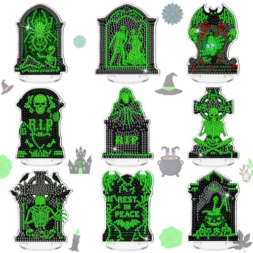 Kosiz 9 Pcs Halloween Diamond Painting Tabletop Decorations Tombstone Diamond Art Kits for Adults Double Sided Acrylic Tombstone Skull Centerpieces Sign for Table Beginner DIY Crafts Gifts Party Decor - style: Tombstones