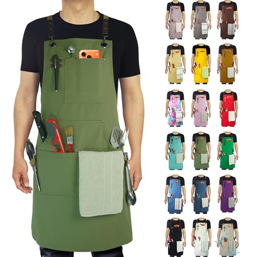 Kitchen Apron, Work Apron, Canvas Apron, Olive - color: Olive