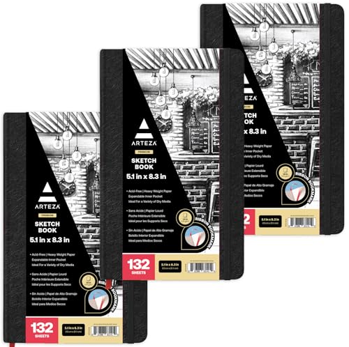 ARTEZA Hardcover Sketch Book 5.1x8.3 Drawing Pad 3 pack 100 Sheets Sketch Pads for Drawing for Adults & Teens